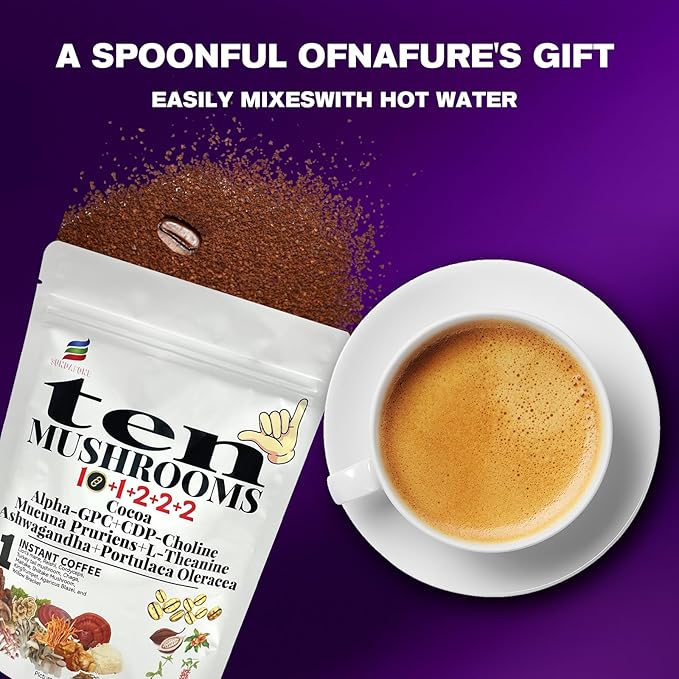 SUNDAFONE 17-in-1 Mushroom Coffee Powder with L-Theanine,Alpha-GPC,Ashwagandha for Boost Brainpower,Sharpen Focus,Lift Mood,Ease Stress,Support Heart & Immunity, 60 Servings Instant 10 Mushroom Coffee