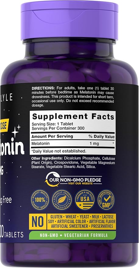 Carlyle Melatonin 1 mg | 300 Low Dose Tablets | Drug Free Aid | Vegetarian, Non-GMO, Gluten Free