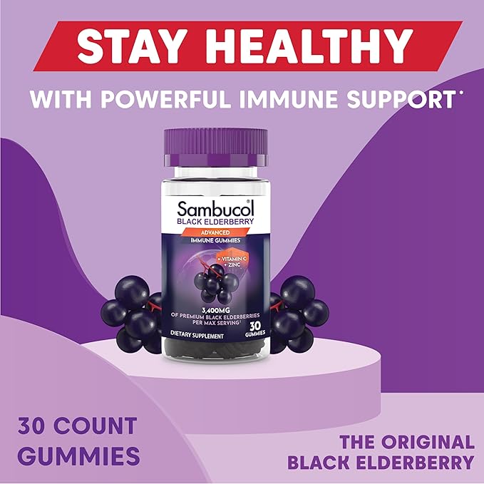 Sambucol Black Elderberry Gummies - Elderberry with Zinc and Vitamin C for Adults, Sambucus Elderberry Gummies, Immune Support Gummies - 30 Count, 3 Pack