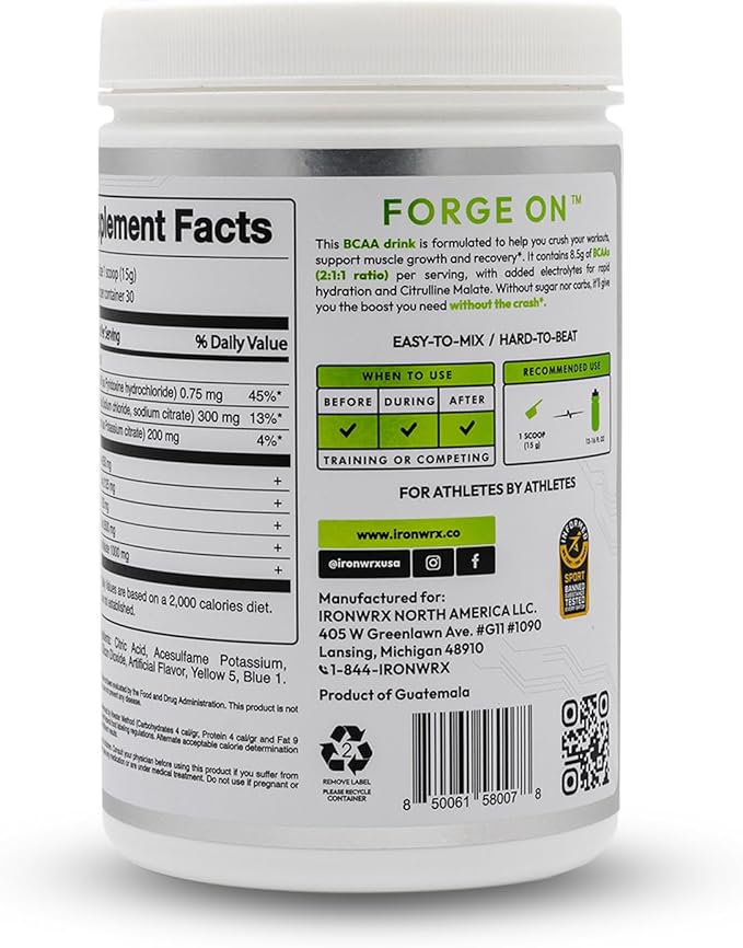 BCAA Powder | Green Apple Flavor | 30 SERVINGS | Zero Sugar | 2:1:1 Leucine, Valine, and Isoleucine Ratio with Citrulline Malate and L-Glutamine | Muscle Growth, Recovery, and Soreness Support