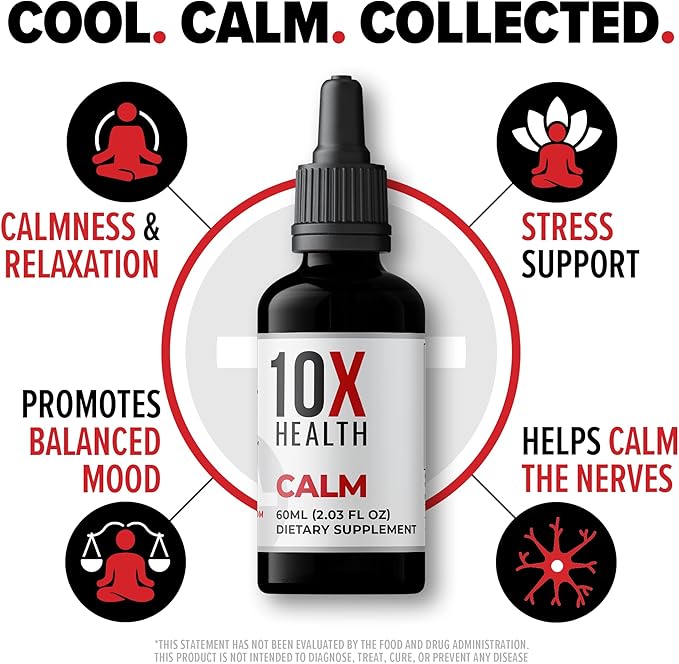 10X Health Calm GABA L-theanine Supplement Liquid Drops - 100mg L Theanine Drops & 100mg GABA Supplements to Support Nerves, Calm & Stress - Natural Flavor 2.03 Fl oz.