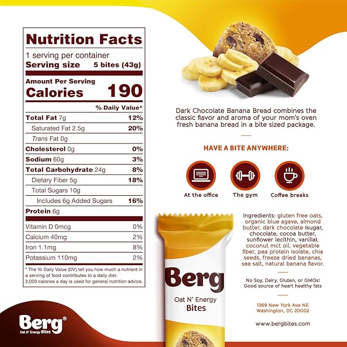 Berg Oat N' Energy Bites - Dark Chocolate Banana Bread - Non-GMO, Gluten Free, Dairy Free, Soy Free and Vegan - Clean Energy Snack - 1.5oz, (8 Pack)