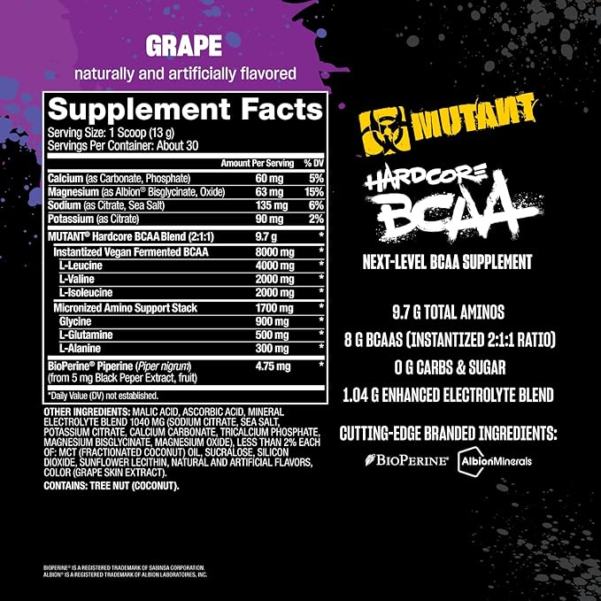 Mutant Hardcore BCAA - Pre, Intra or Post Workout – BCAA Next Level branched-Chain Amino Acids Supplement – Hydration + Recovery - 30 Serving - Grape