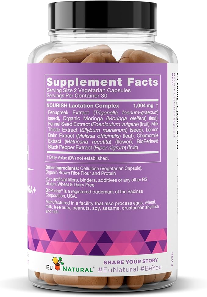 Eu Natural Nourish Lactation Supplement - Postpartum Support for Healthy Milk Flow & Production - Fenugreek Capsules for Women with Milk Thistle, Fennel Seed & Organic Moringa, 60 Vegan Soft Capsules
