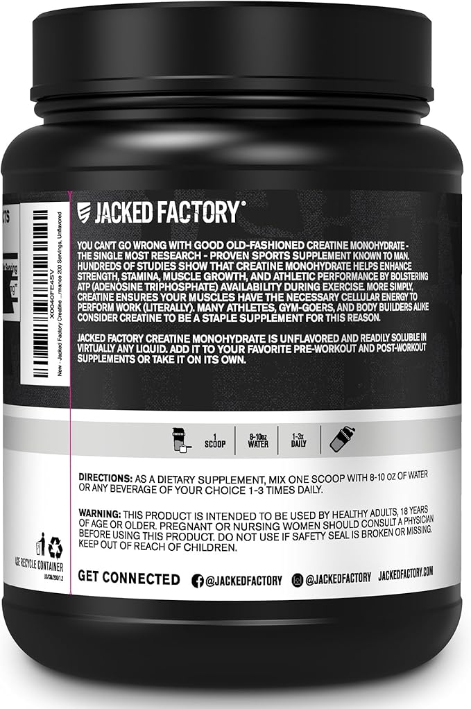 Jacked Factory Creatine Monohydrate Powder 1000g - Creatine Supplement for Muscle Growth, Increased Strength, Enhanced Energy Output and Improved Athletic Performance 200 Servings, Unflavored