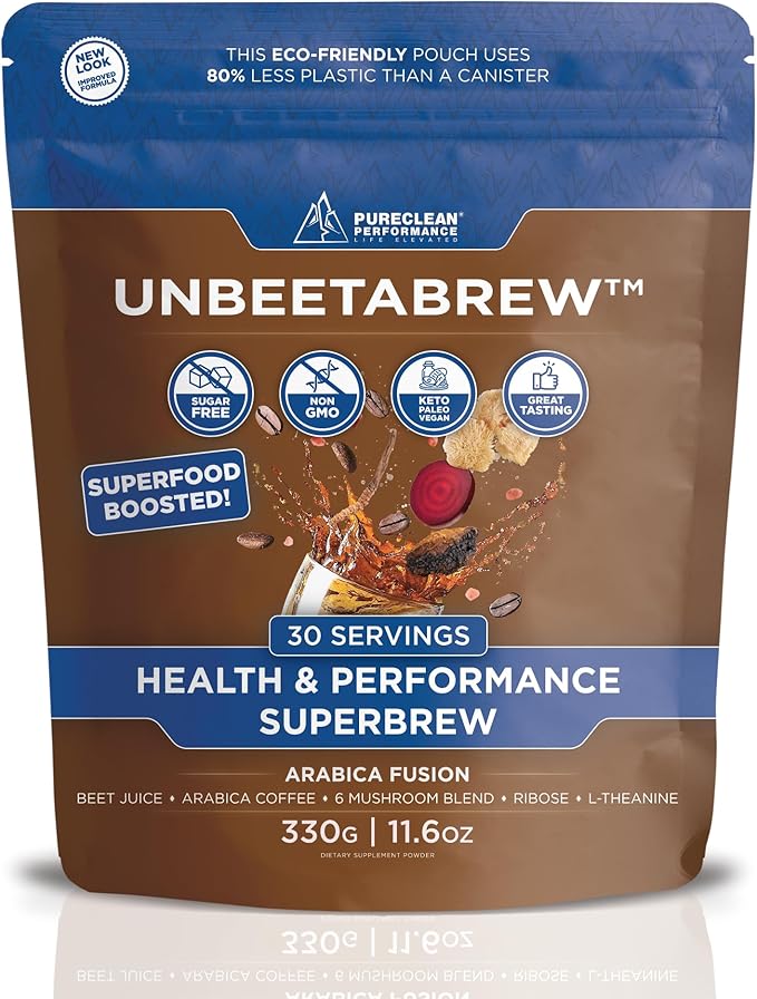 UNBEETABREW Mushroom Coffee – Energizing Plant-Based Pre-Workout with Beet Juice, Adaptogens, L-Theanine & D-Ribose – Boost Focus, Strength & Stamina – Organic Instant Arabica Beans - 30 Servings