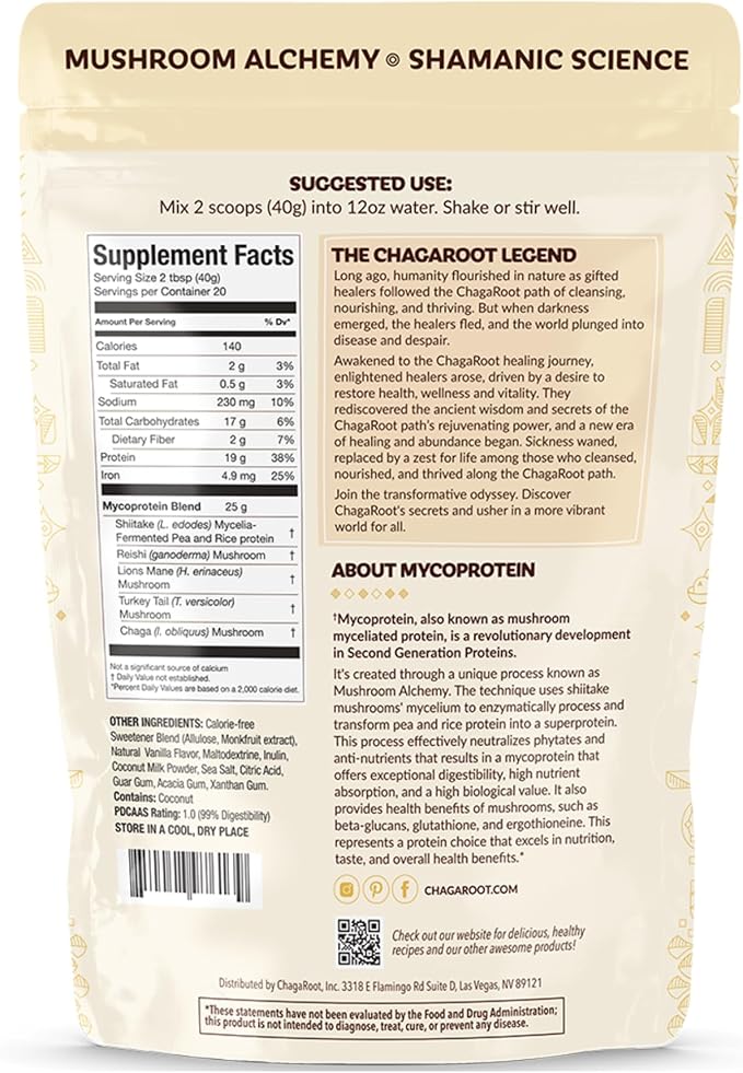 Mycoprotein Mushroom Protein Powder - Vegan Protein, Plant Based, Superfood, Master Blend of Chaga, Reishi, Turkey Tail, Shiitake, Lions Mane - Vanilla (1.76 lb)