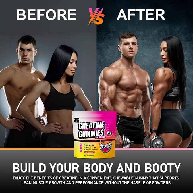 (6g) Creatine Monohydrate Gummies Men Women for Pre Workout Energy Muscle Growth Gym Gains Recovery, Preworkout Protein Chews Creatina Gomitas, Body Builder Focus Supplement Vitamin (Vegan | 120 Ct)