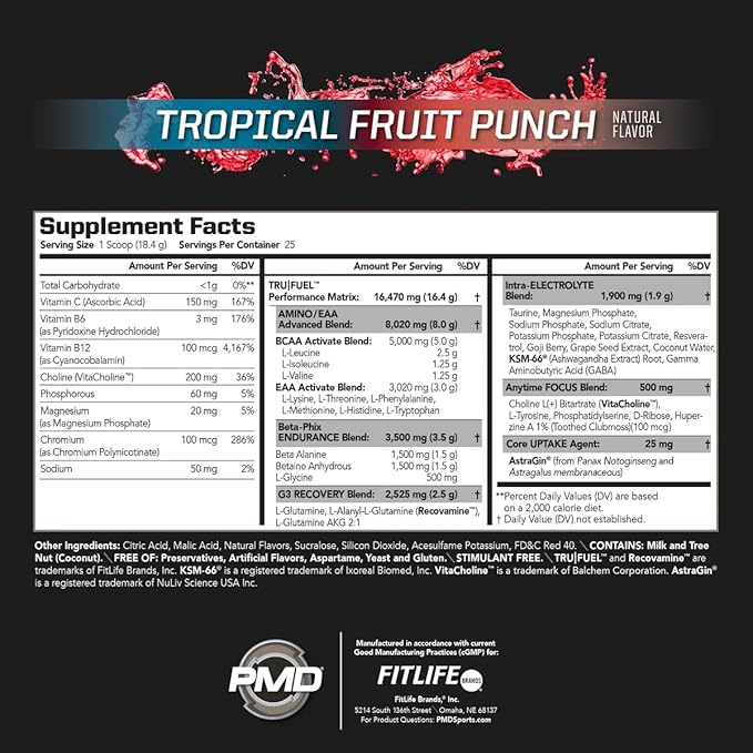 PMD Sports Core Fuel Endurance, Performance & Recovery - BCAAs, EAAs, Beta Alanine, Betaine Anhydrous, Glutamine, Electrolytes - Muscle Growth, Strength - Stim Free, Tropical Fruit Punch (25 Servings)