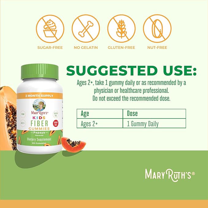 MaryRuth's Fiber Gummies for Kids | 2 Month Supply | Sugar Free | Soluble Fiber Supplement | Gut Health & Digestion Support | 3g Fiber per Gummy | Vegan | 60 Count