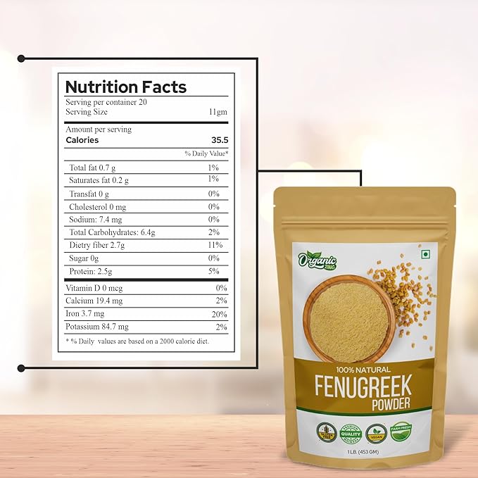 Organic Fenugreek Powder Also Known As Methi Seed Powder, Trigonella Foenum-Graecum | USDA Certified | Vegan | Preservative Free | Product of India - 453g Resealable Pack