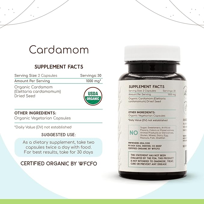 Cardamom 60 Capsules, 500 mg, USDA Organic Cardamom (Elettaria cardamomum) Dried Pod (60 Capsules)