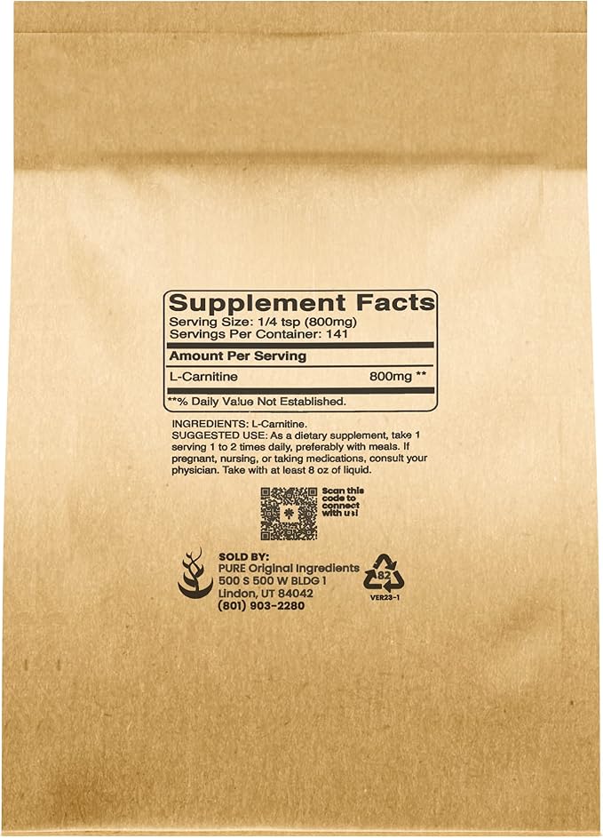 Pure Originial Ingredients L-Carnitine Powder (4 oz) Gluten-Free, Non-GMO Dietary Supplement, Unflavored, No Filler or Additives
