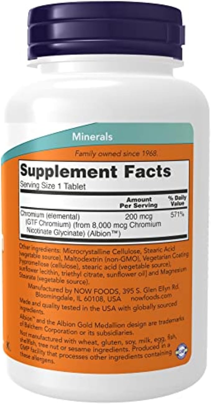 NOW Foods Supplements, GTF (Glucose Tolerance Factor) Chromium 200 mcg, Insulin Co-Factor*, 250 Tablets