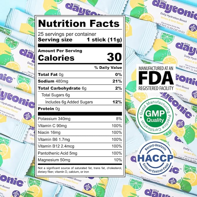 Hydration Powder Electrolytes, 25 Servings | Vitamins C, B12 & B6, Niacin, 480mg Sodium & More | Low Calorie & Aspartame-Free Electrolyte Drink Mix | Lemon Lime IV Hydration Packets