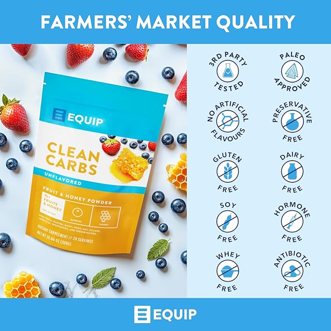 Equip Foods Clean Carbs | 15+ Fruits and Honey Superfood Powder | Post Workout Recovery Powder | Antioxidants, Carbohydrate Supplement | Immune Support Carb Cleaner | 20 Servings, Unflavored