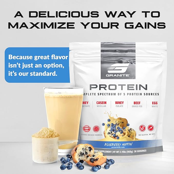 Granite Nutrition Protein Powder - Premium 5-Source Blend (Whey, Casein, Egg, Grass-Fed Beef) for Lean Muscle and Recovery - Blueberry Muffin Flavor, 30 Servings