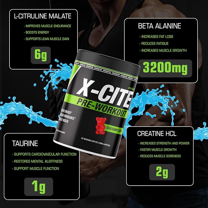 X-CITE Pre-Workout by ATHLEAN-X - Enhanced Formula with Beta-Alanine, Creatine & Caffeine for Ultimate Energy, Endurance, Focus & Muscle Pump, NSF Certified (22 Servings, Sour Gummy Bear)
