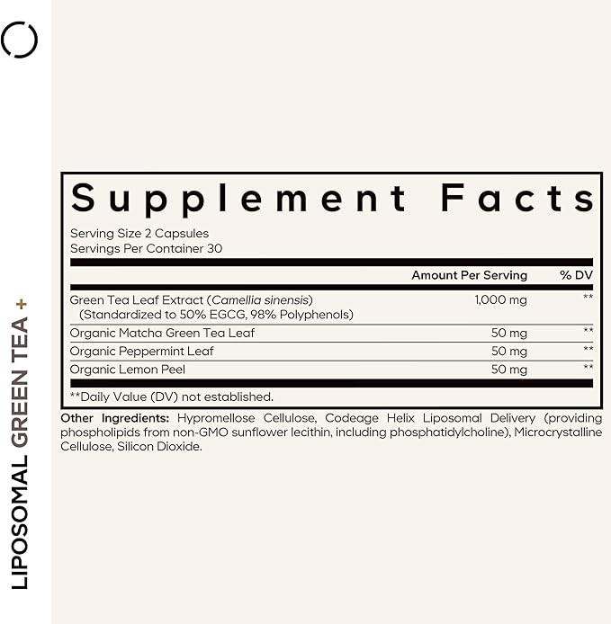 Codeage Liposomal Green Tea+ EGCG 50% Green Tea Extract, Organic Matcha Green Tea Powder, Peppermint Leaf, Lemon Peel, Liposomal Delivery - Vegan Pils Supplement - Non-GMO - 60 Capsules