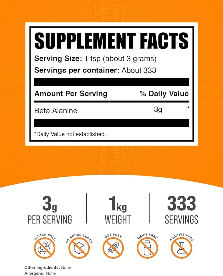 BulkSupplements.com Beta Alanine Powder - Beta-Alanine Supplement, Pre-Workout Supplement - Unflavored & Gluten Free, 3g per Serving, 1kg (2.2 lbs) (Pack of 1)