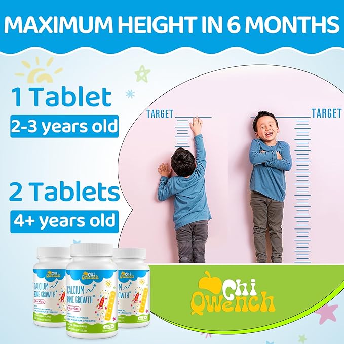 500 MG Calcium Supplement with Vitamin D3 & K2, Zinc, Magnesium & Prebiotics. Kids Vitamins for Kids' Height. Bone Strength, High Absorption, Orange Chewables, Gluten Free, 120 Tabs