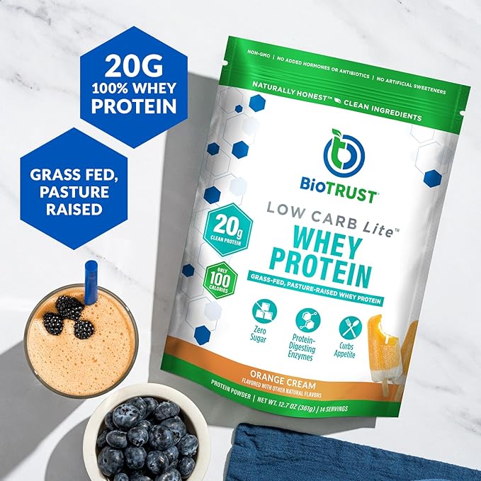 BioTrust Low Carb Lite, 20 Grams of Grass-Fed Whey Protein Isolate, 100 Calories, ProHydrolase Digestive Enzymes, Non-GMO, Free from Soy and Gluten, rBGH-Free (14 Servings) (Orange Cream)