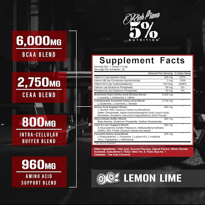 5% Nutrition Rich Piana AllDayYouMay BCAA Powder | Premium Intra & Post Workout Amino Acids, Hydration, Endurance, Muscle Recovery, Joint & Liver Support | 15.3 oz, 30 Servings (Lemon Lime)