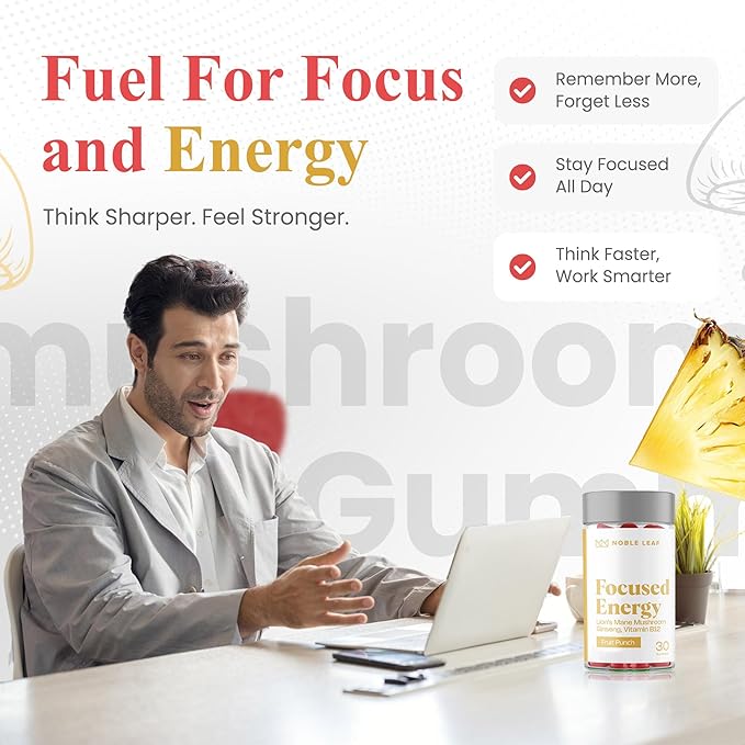 Lion Mane Mushroom Gummies for Focus and Energy - Focus Gummies for Adults with American Ginseng & B12 for Clarity & Natural Energy, Vegan, Non-GMO, Gluten Free, Fruit Punch Flavor, 30 Count