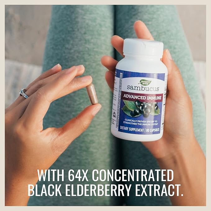 Nature's Way Sambucus Advanced Immune Capsules with Black Elderberry, Vitamin C, Vitamin D, Echinacea and Zinc, Immune System Support with EpiCor*, 80 Capsules