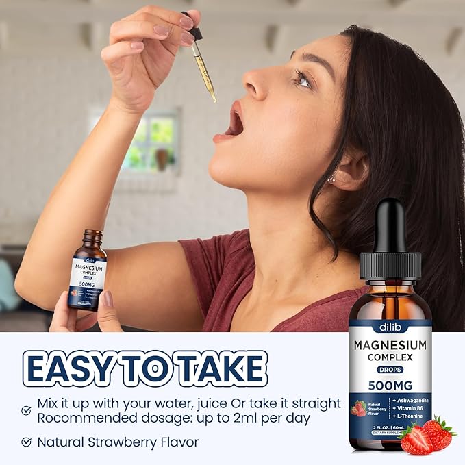 Magnesium Glycinate Liquid Drops 500mg - Triple Magnesium Complex Supplement with Citrate, Malate, Ashwagandha, L-Theanine, Vitamin B6 for Sleep, Stress Relief, Muscle, Strawberry Flavor 4 Fl Oz