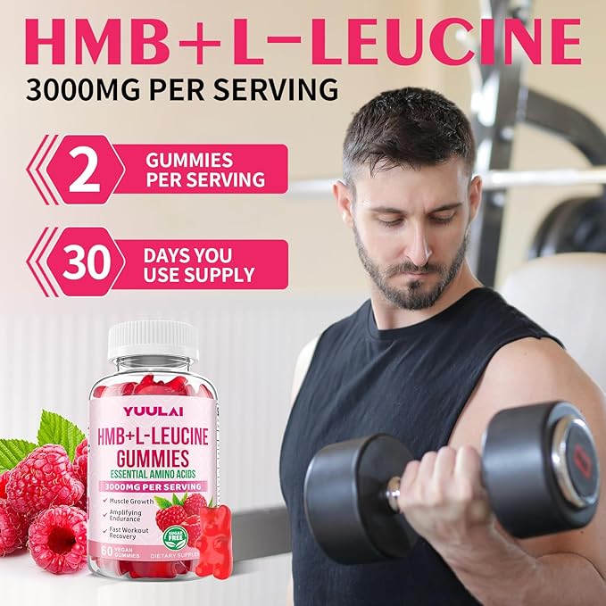 Pack of 2 HMB and L-Leucine Gummies, 3000mg HMB and Leucine Amino Acid for Men Women, for Muscle Growth, Muscle Relief, and Fast Workout Recovery, Vegan, Raspberry Flavor, 120 Count