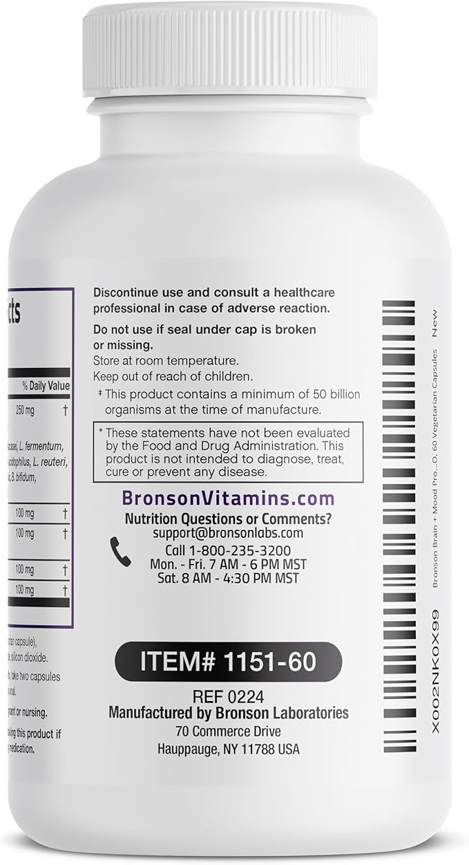 Bronson Brain + Mood Probiotic 50 Billion CFU Plus Prebiotic with L-Theanine, Bacopa and Rhodiola Non-GMO, 60 Vegetarian Capsules
