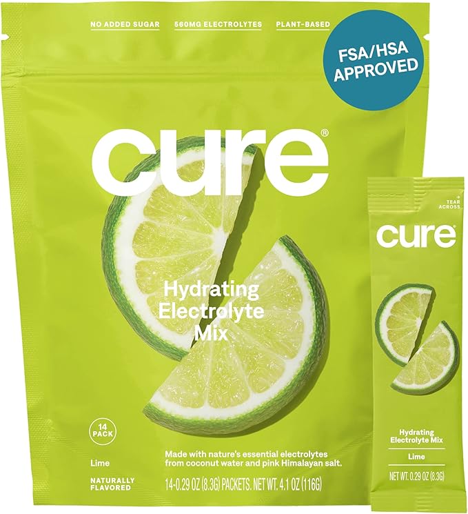 Cure Hydration | Plant-Based Electrolyte Drink Mix | No Added Sugar | FSA & HSA | Dehydration Relief Powder Made with Coconut Water | Non-GMO | Vegan | Pouch of 14 Packets - Lime