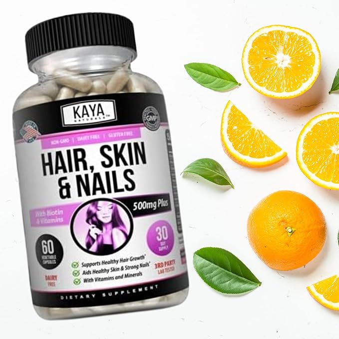 Kaya Naturals Hair Skin Nail Capsules BIOTIN Vitamin D Vitamin B-12 A Folic Acid Support, Hair Support Vitamin Supplement