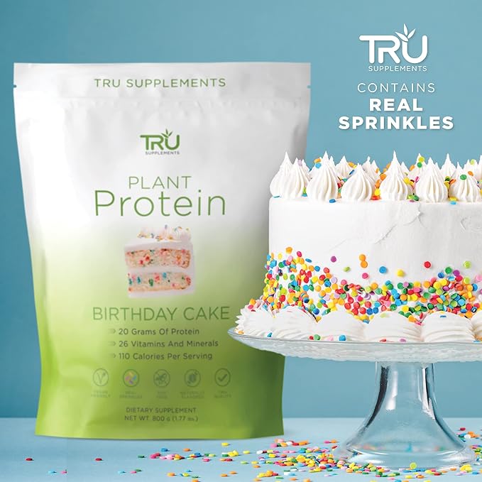TRU Supplements Plant Based Protein Powder, BCAA, EAA, 20g Vegan Brown Rice & Pea Protein, 100 Calories, 27 Vitamins, No Artificial Flavors 25 Servings (Birthday Cake)