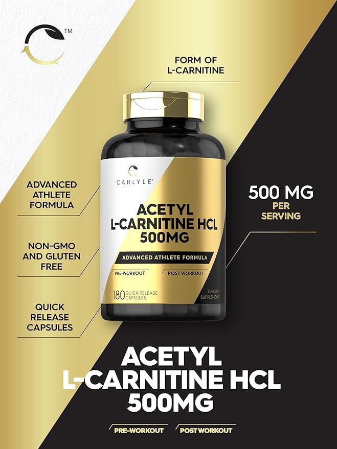Carlyle Acetyl L-Carnitine HCL Supplement | 500mg Capsules | 180 Count | Advanced Athlete Formula | Non-GMO & Gluten Free
