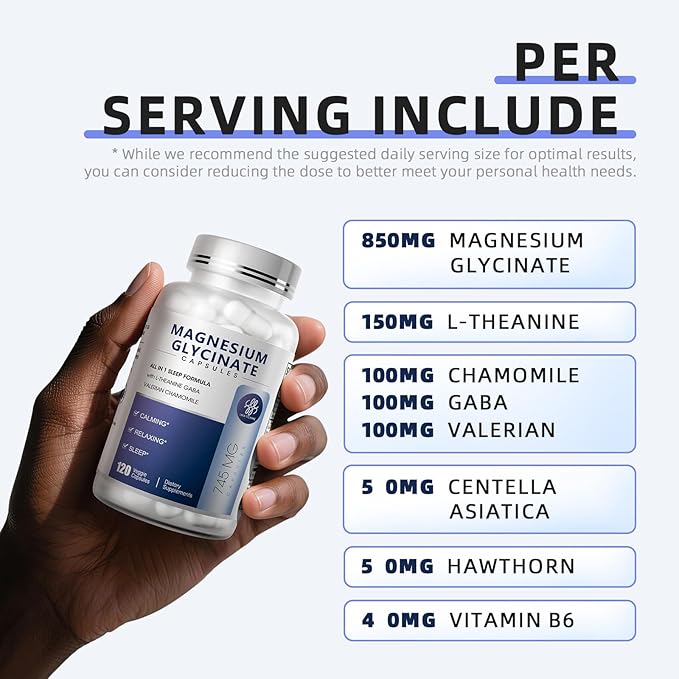 Magnesium Glycinate Complex with L-Theanine, Chamomile & GABA, Magnesium Supplement Supports Sleep, Calmness, Muscle Relaxation for Men & Women – Vegan, High-Absorption, 120 Capsules