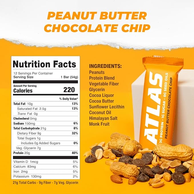Atlas Protein Bar, 20g Protein, 1g Sugar, Clean Ingredients, Gluten Free (Peanut Butter Chocolate Chip, 12 Count (Pack of 2))