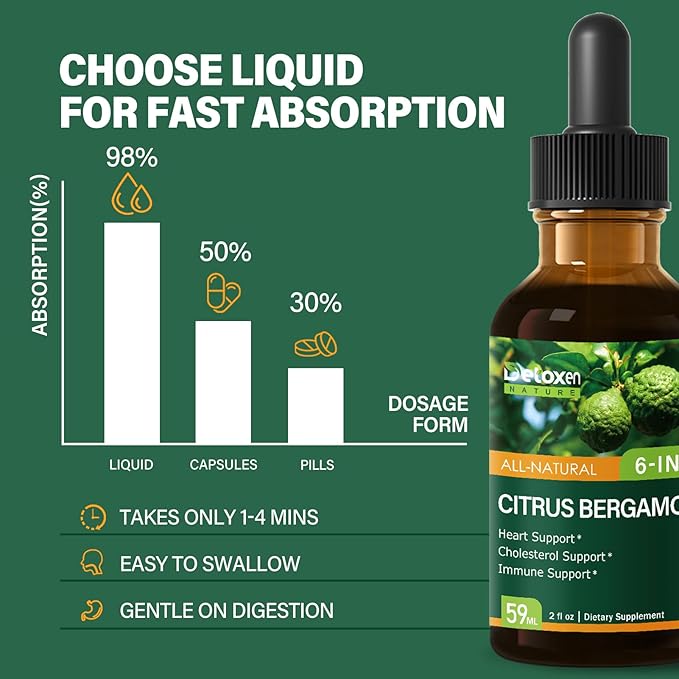 Citrus Bergamot Exrtact Supplement for High Cholesterol, High and Fast Absorption, 6-in-1 Blend Herbal Drops for Heart & Immune Support w/Grape Seed, Garlic Extract. 2oz