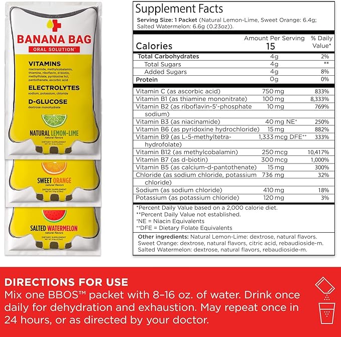 Banana Bag Oral Solution Packets โ Natural Lemon Lime 15pk | A Refreshing Blend of Electrolytes, Vitamin C, and B-Complex for Daily Hydration and Energy | Perfect for Any Lifestyle.