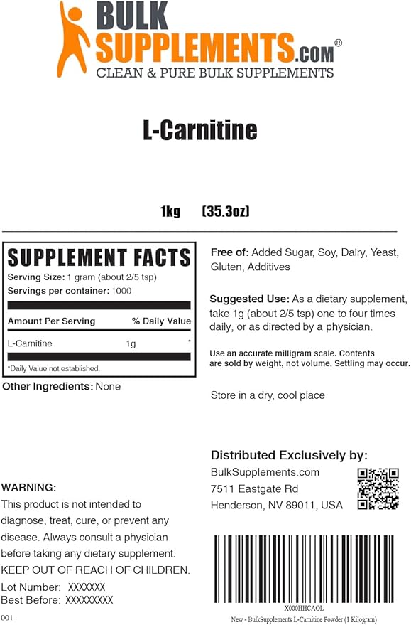 BulkSupplements.com L-Carnitine Powder - Carnitine Supplement, L Carnitine 1000mg, Carnitine Powder - Amino Acids Supplement, Energy Support - Gluten Free, 1g per Serving, 1kg (2.2 lbs)