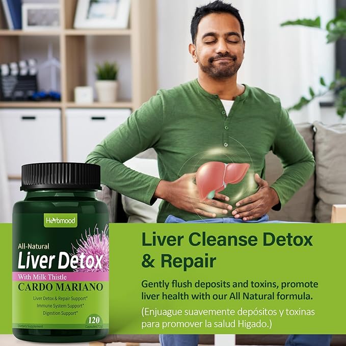 Herdmood Silymarin Milk Thistle Liver Detox Capsules for Fatty Liver, Alcachofa y Cardo Mariano con Silimarina para el Higado Graso, Liver Cleanse Detox & Repair Formula w/Artichoke Extract. 240Count