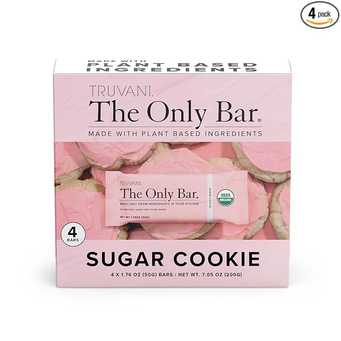 Truvani Plant Based Snack Bars | Sugar Cookie 4 Pack | 6g Protein | USDA Organic and Vegan | The Only Bar | Dairy, Soy, and Gluten Free | Individually Wrapped