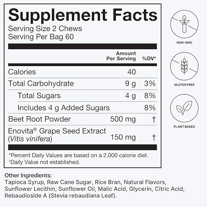 HumanN SuperBeets Heart Chews, Nitric Oxide and Blood Pressure Support, Grape Seed Extract & Non-GMO Beet Root Powder Energy, Pomegranate Berry Flavor, 120 Count