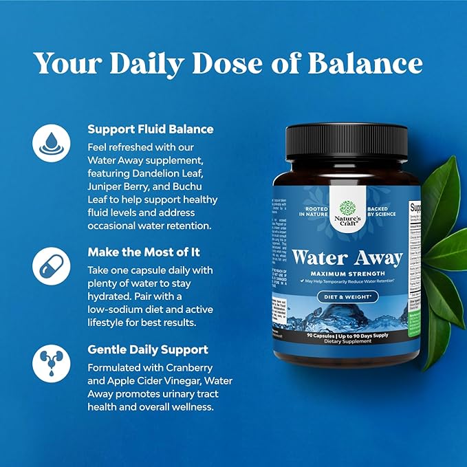 Water Away Herbal Diuretic Pills High Strength - Fluid Retention Supplement with Dandelion Leaf Extract & Green Tea for Bloating Relief for Women & Men - Capsules for Leg & Feet Swelling - 60 Count