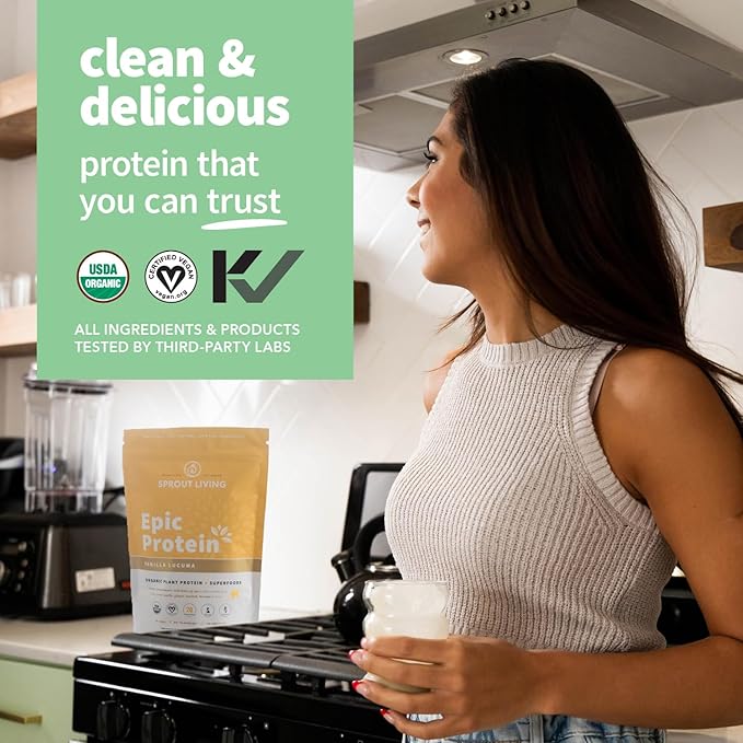 Sprout Living Epic Protein, Plant Based Protein & Superfoods Powder, Vanilla Lucuma Powder | 20 Grams Organic Protein Powder, Vegan, Non Dairy, Non-GMO, Gluten Free, Low Sugar (2 Pound, 24 Servings)