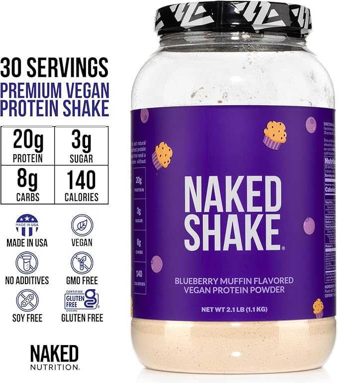 NAKED Shake - Blueberry Muffin Protein Powder - Flavored Plant Based Protein from US & Canadian Farms with MCT Oil, Gluten-Free, Soy-Free, No GMOs or Artificial Sweeteners - 30 Servings