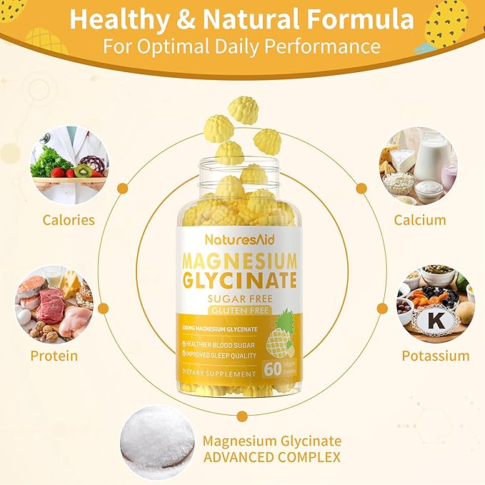 Magnesium Glycinate Gummies 1000mg - Sugar Free Magnesium Potassium Supplement with Vitamin D, B6, CoQ10 for Calm Mood & Sleep Support - 120 Pineapple Gummies -2 Pack