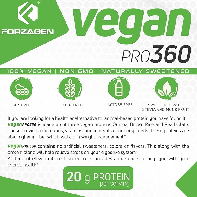 Forzagen Vegan Protein 360 2 Lbs 27 Servings, Plant Based Protein Extracted from Quinoa, Brown Rice and Pea Isolate Protein, Dairy, Soy and Gluten Free, Nom GMO (Vanilla Milkshake)