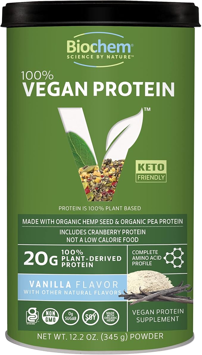 Biochem Vegan Protein Powder – 20g Plant-Based Protein for Muscle Support – Organic Pea, Hemp & Cranberry Protein – Low Carb, Low Fat, Gluten-Free, Non-GMO, Keto-Friendly – Vanilla Flavor – 12.2 oz